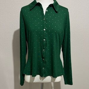 Boden Jersey Button Down Cotton Shirt Kelly/Grass Green Golden Polka Dots